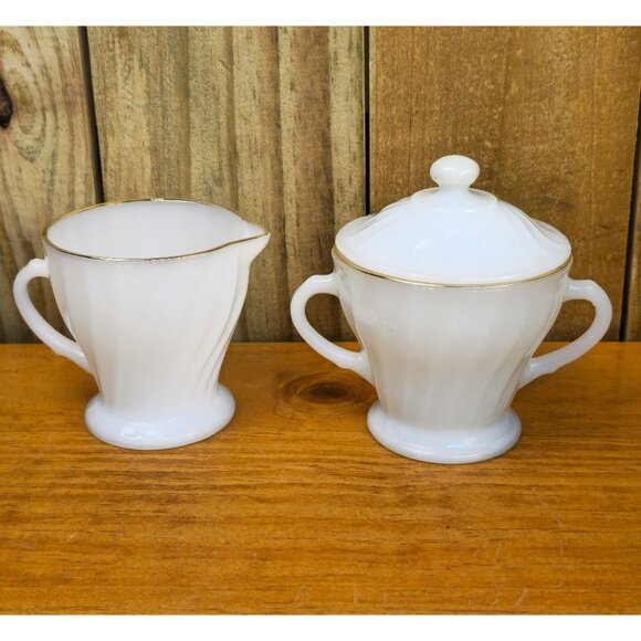 Vintage Anchor Hocking Fire-King Swirl Milk Glass Creamer and Covered Sugar Bowl - Picture 1 of 12